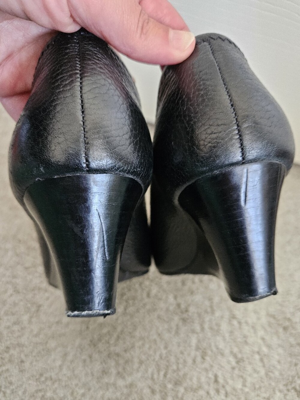 Tory Burch Black Leather Peep-Toe Wedges with Silver Logo Accent - Picture 6 of 11